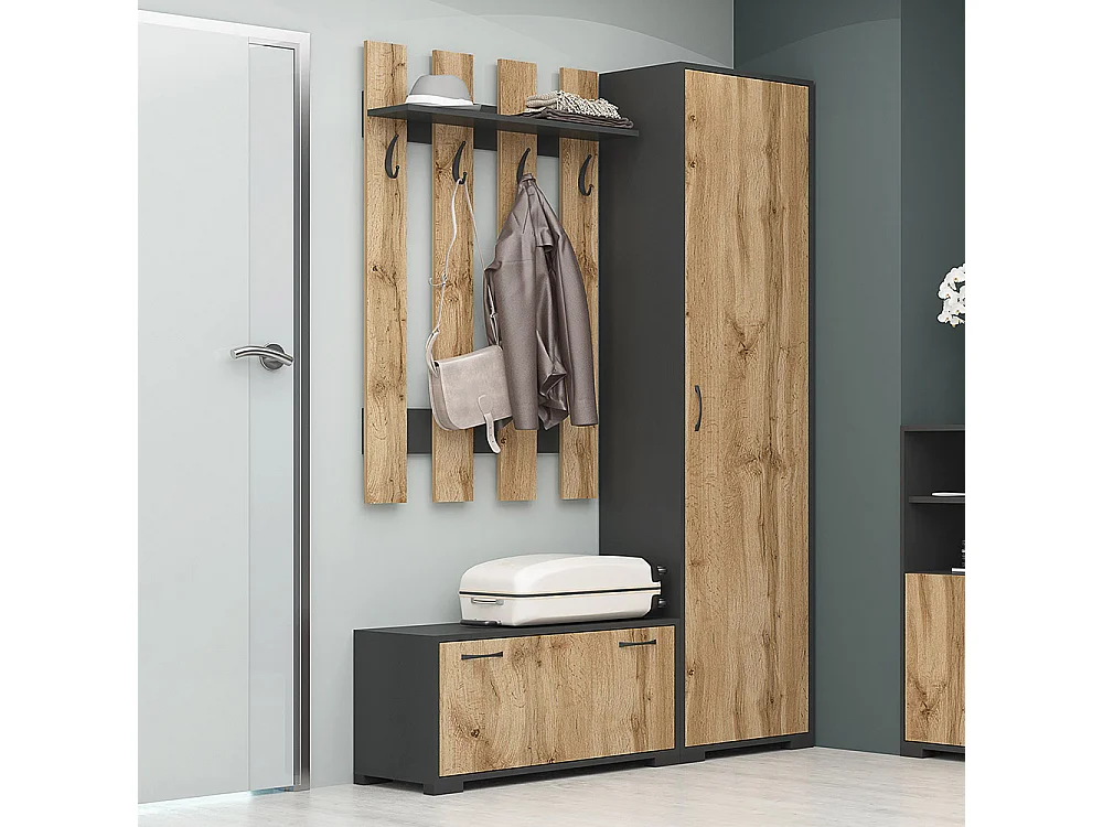 Set mobile ingresso salvaspazio con appendiabiti e scarpiera in rovere e grigio IG22