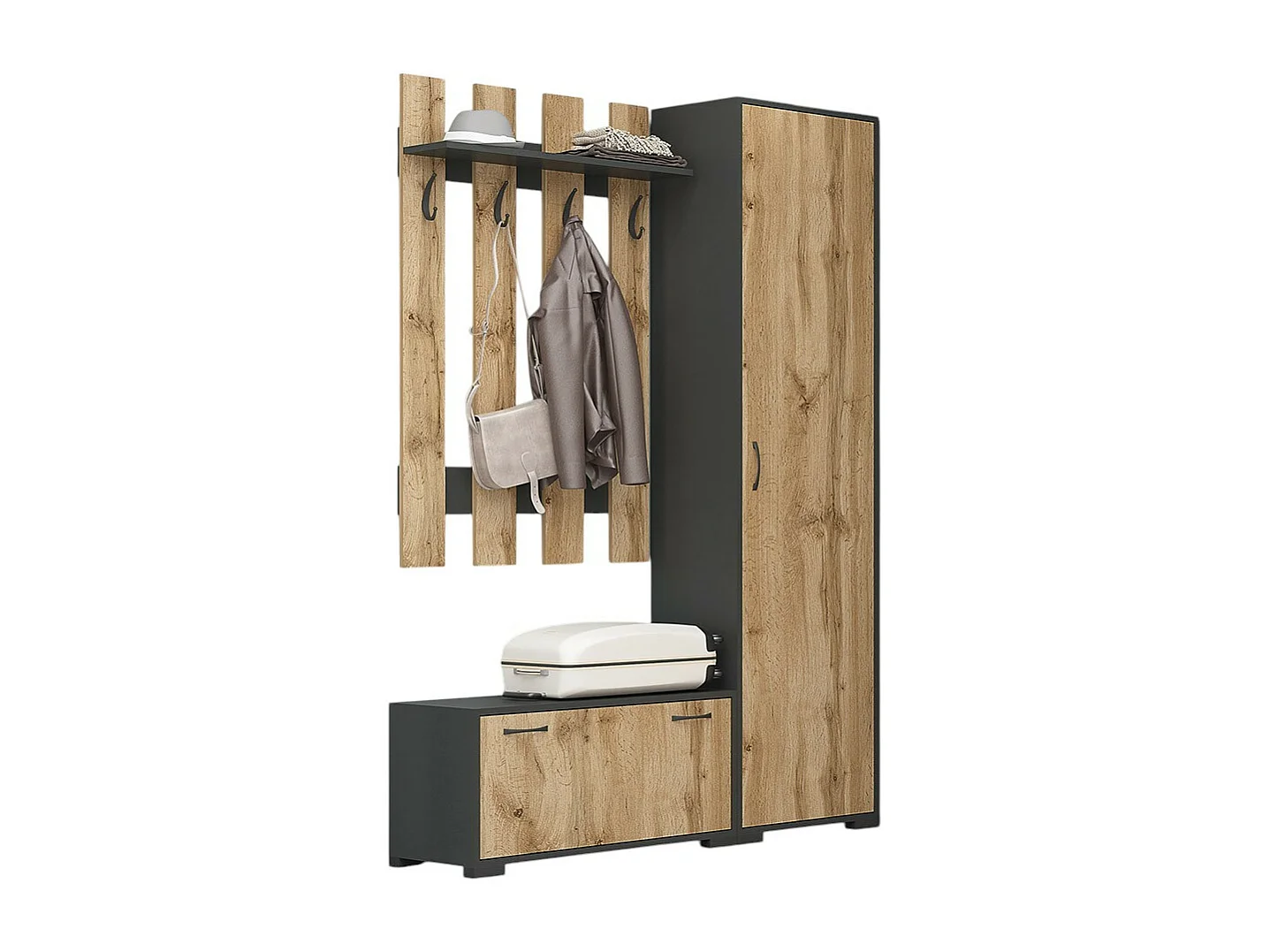 Set mobile ingresso salvaspazio con appendiabiti e scarpiera in rovere e grigio IG22