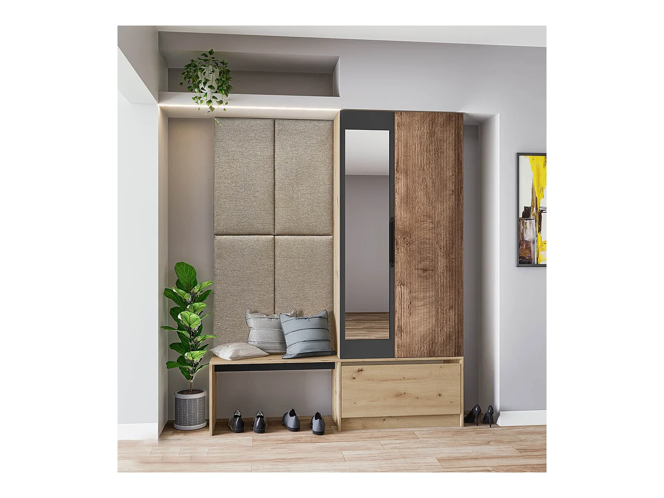 Mobile per ingresso invertibile rovere e grigio opaco con specchio e seduta 160x201 cm II23