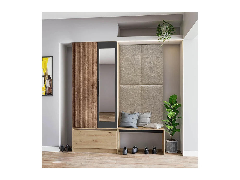 Mobile per ingresso invertibile rovere e grigio opaco con specchio e seduta 160x201 cm II23