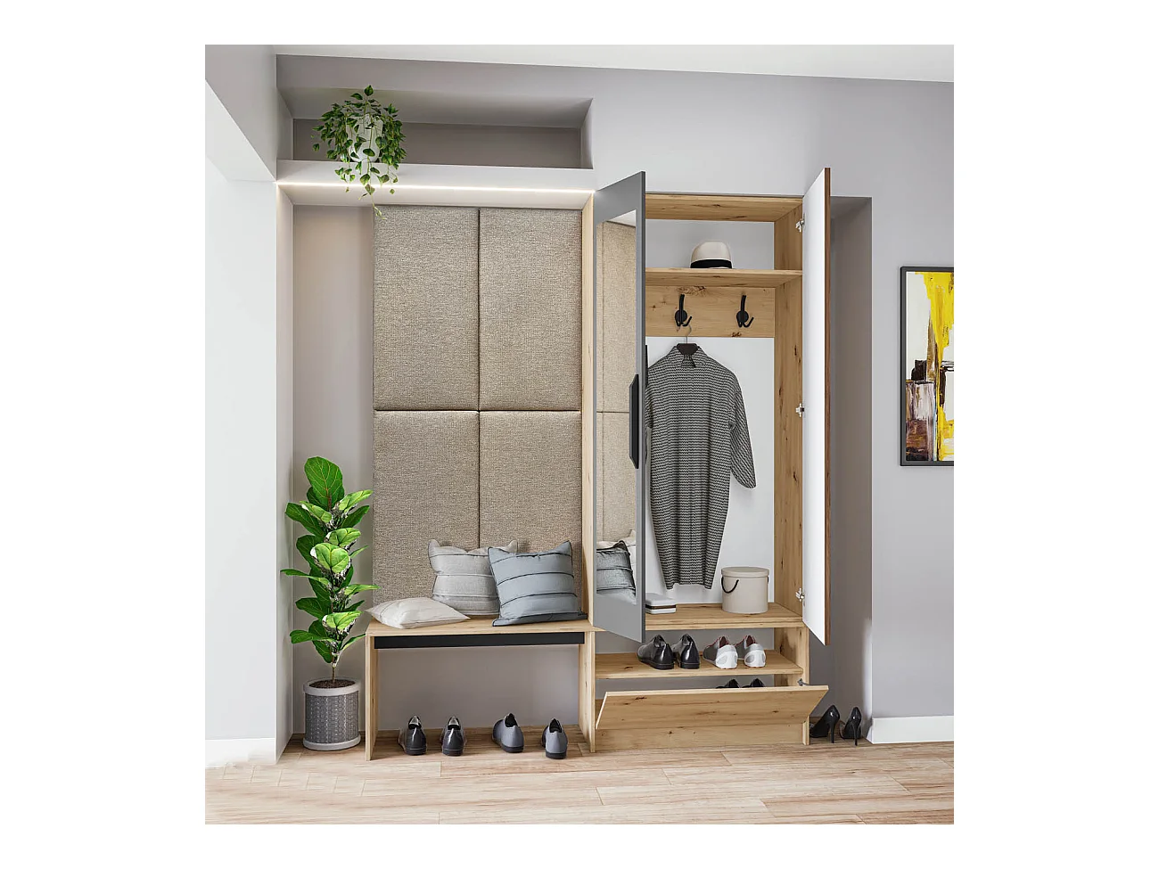 Mobile per ingresso invertibile rovere e grigio opaco con specchio e seduta 160x201 cm II23