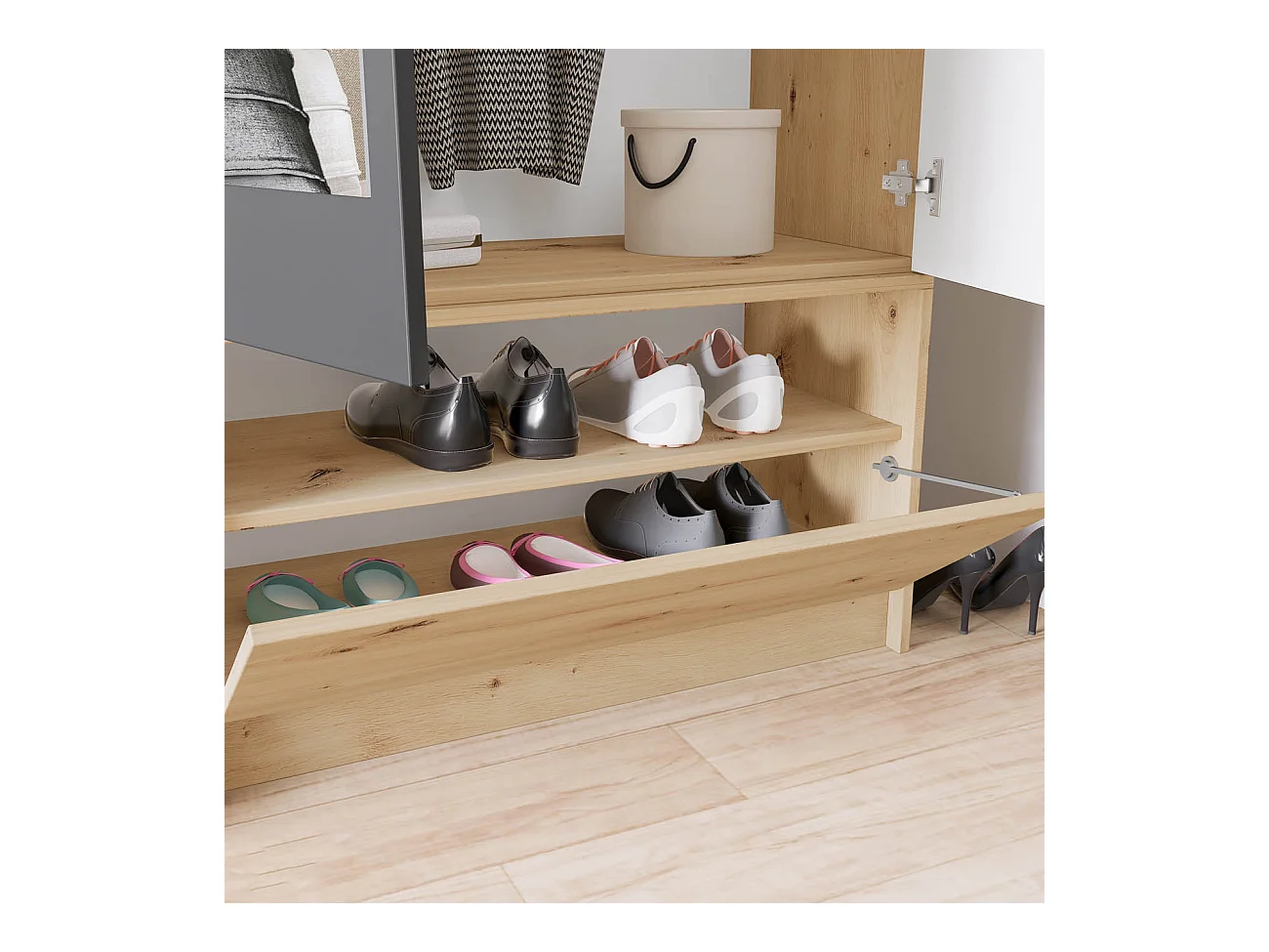 Mobile per ingresso invertibile rovere e grigio opaco con specchio e seduta 160x201 cm II23