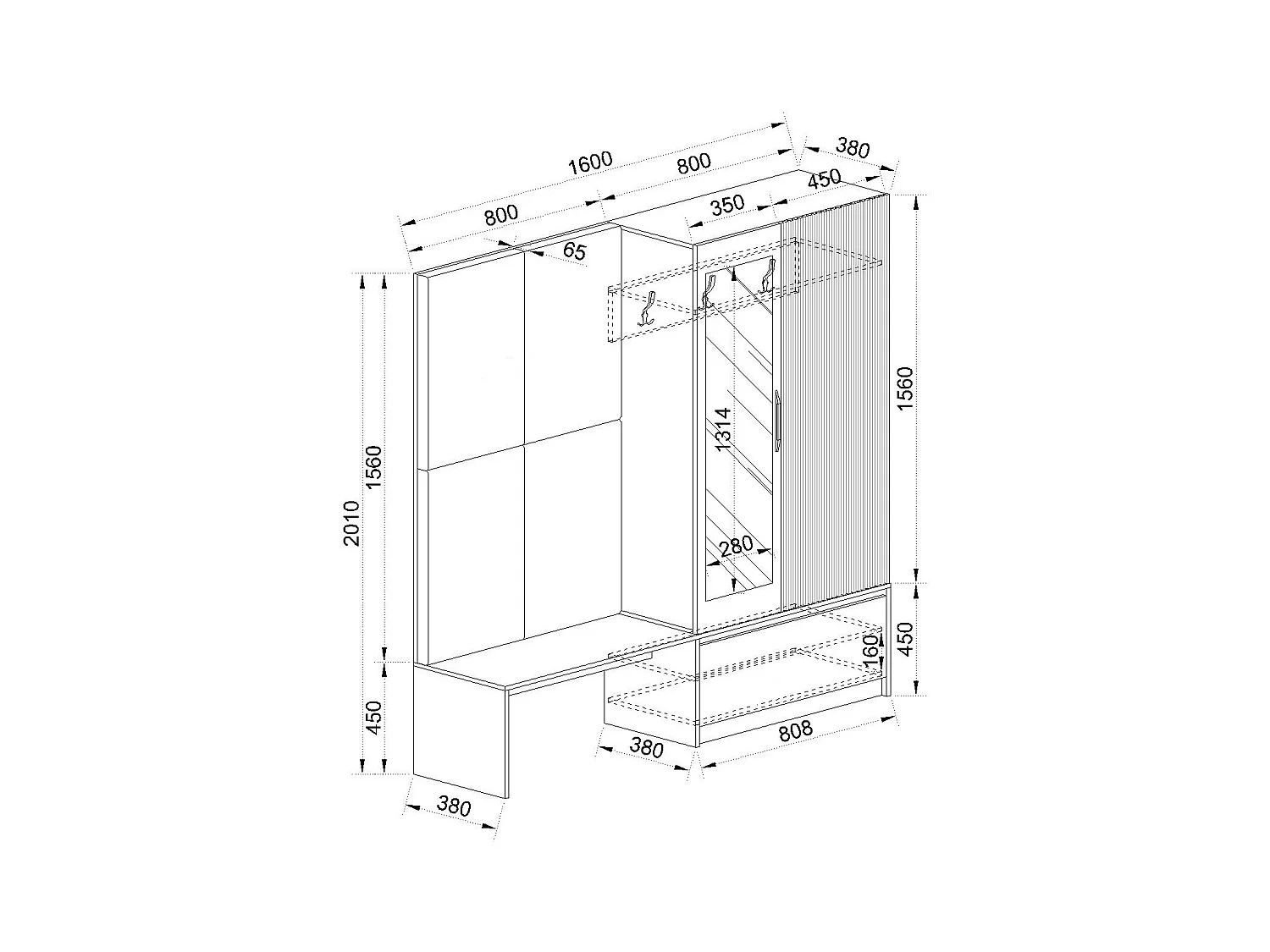 Mobile per ingresso invertibile rovere e grigio opaco con specchio e seduta 160x201 cm II23