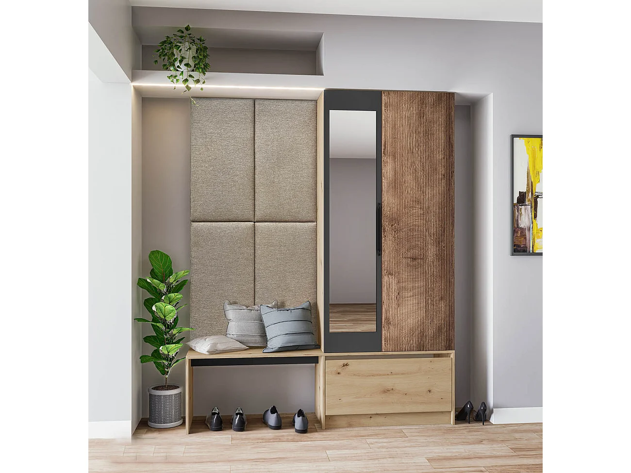 Mobile per ingresso invertibile rovere e grigio opaco con specchio e seduta 160x201 cm II23