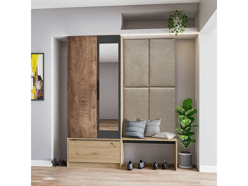 Mobile per ingresso invertibile rovere e grigio opaco con specchio e seduta 160x201 cm II23