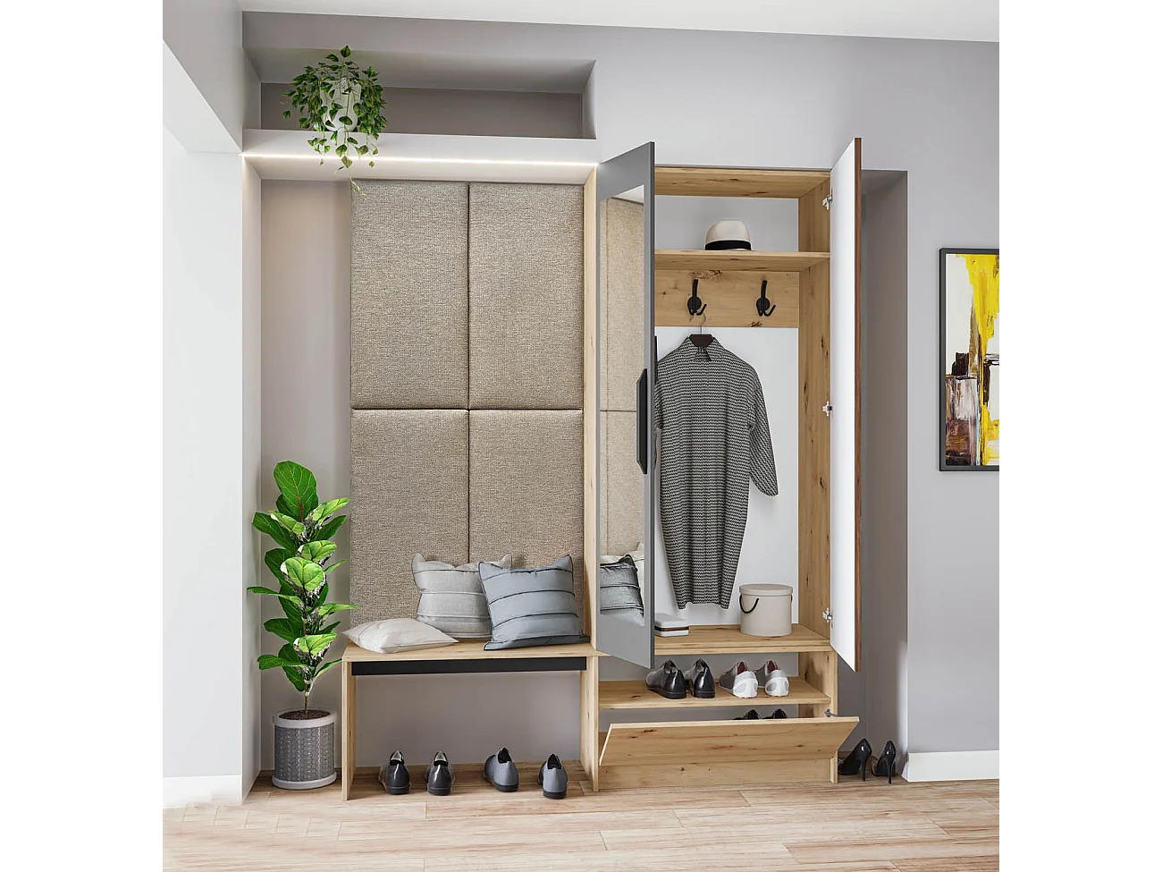 Mobile per ingresso invertibile rovere e grigio opaco con specchio e seduta 160x201 cm II23