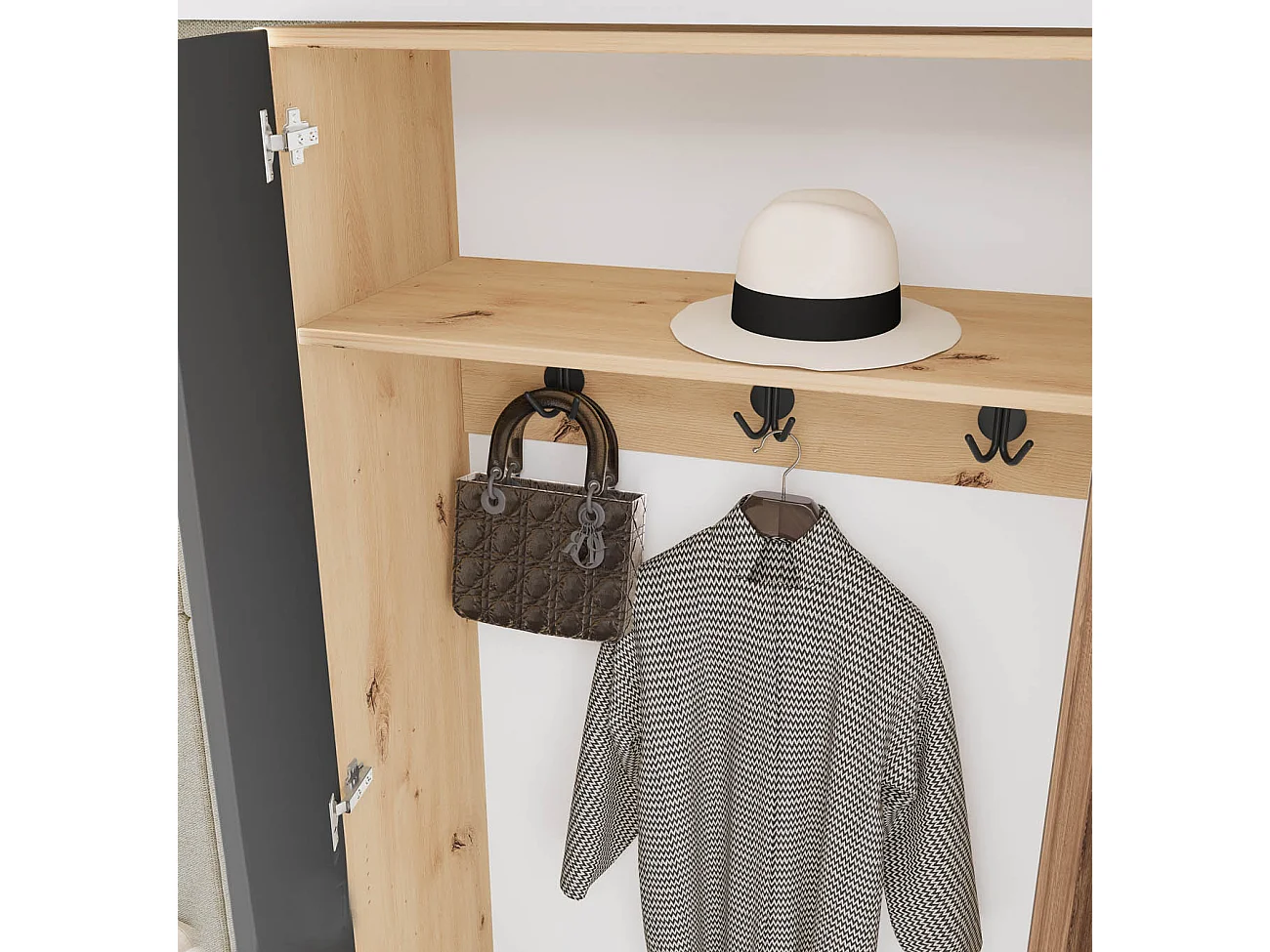 Mobile per ingresso invertibile rovere e grigio opaco con specchio e seduta 160x201 cm II23