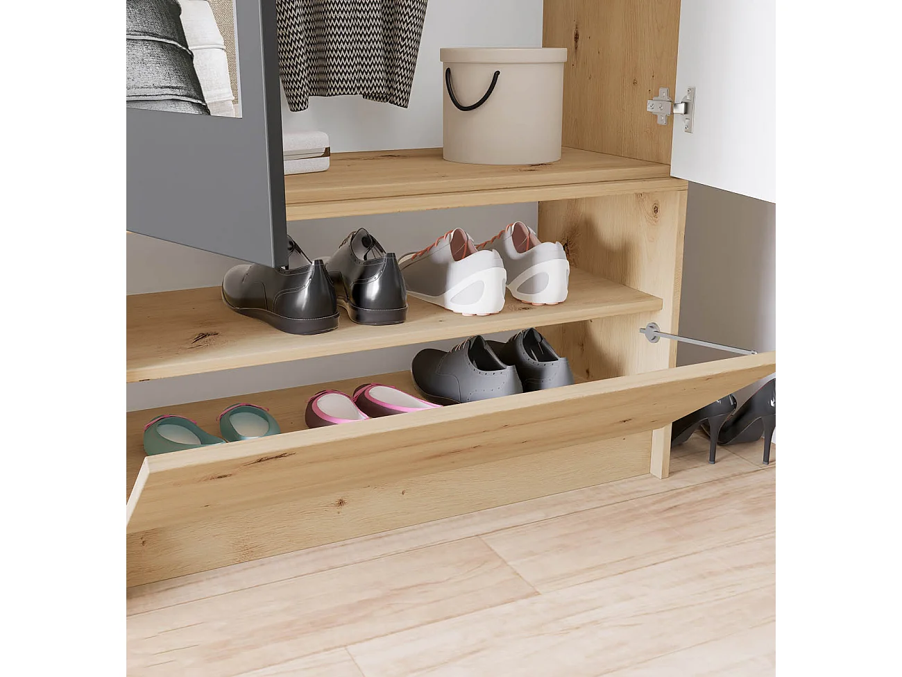 Mobile per ingresso invertibile rovere e grigio opaco con specchio e seduta 160x201 cm II23