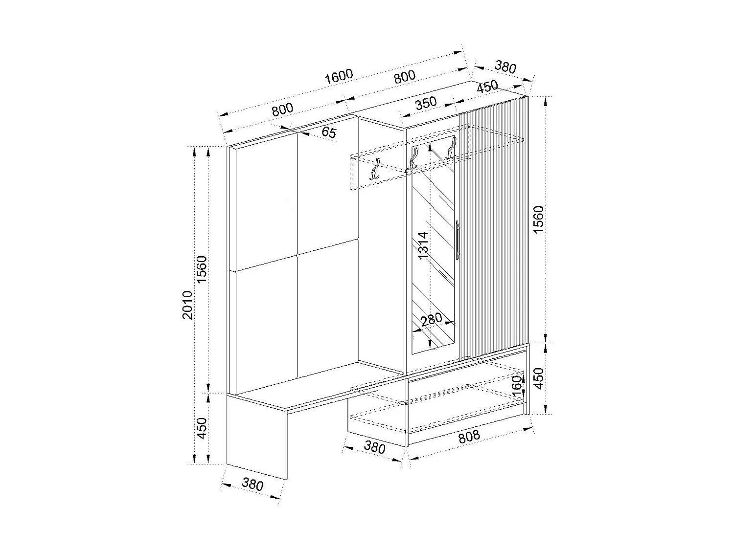 Mobile per ingresso invertibile rovere e grigio opaco con specchio e seduta 160x201 cm II23