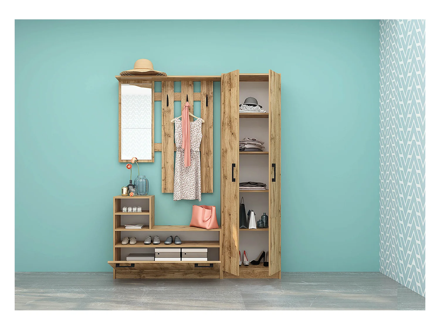 Mobile con specchio e appendiabiti in legno di quercia IG8
