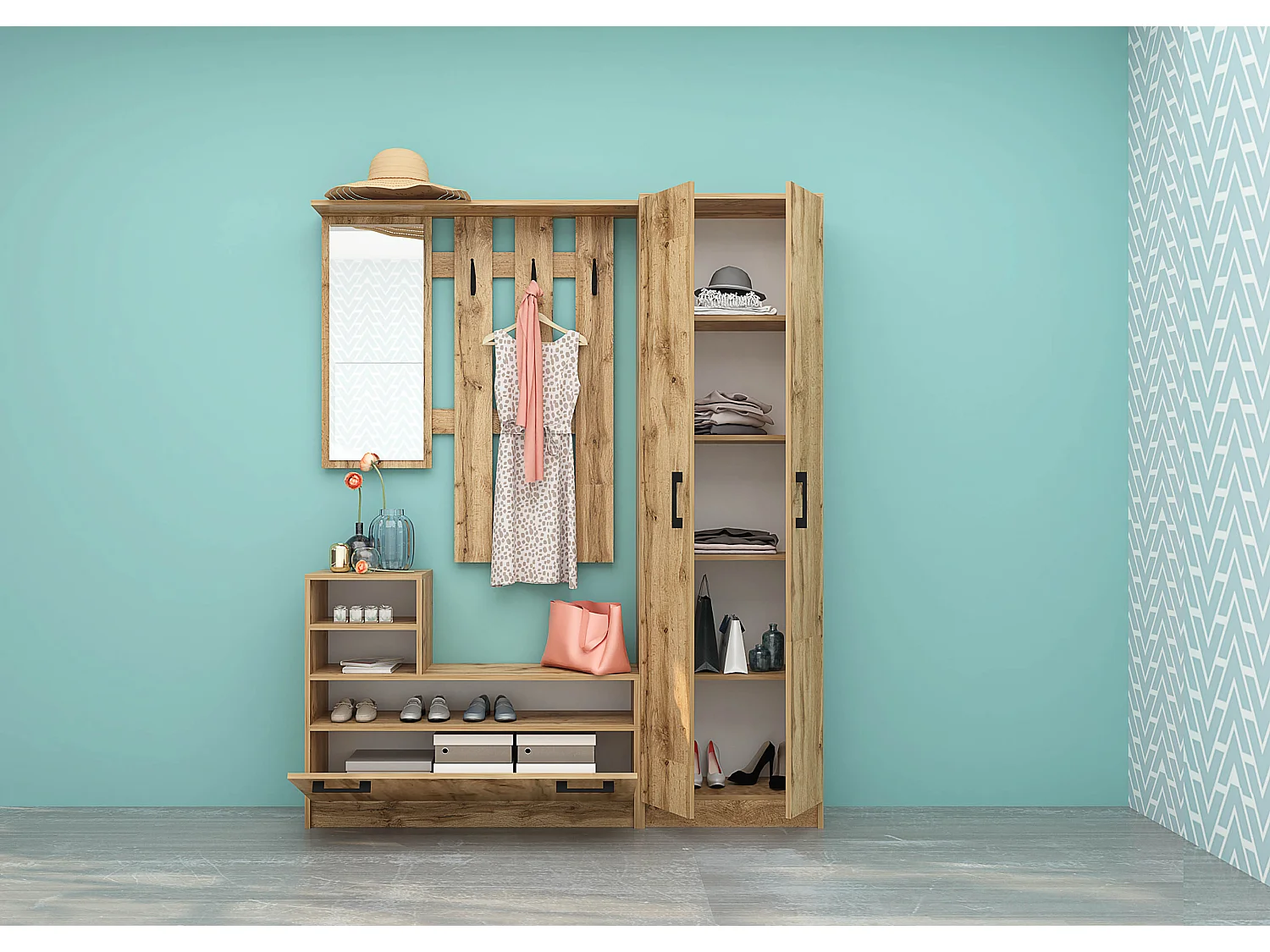 Mobile con specchio e appendiabiti in legno di quercia IG8