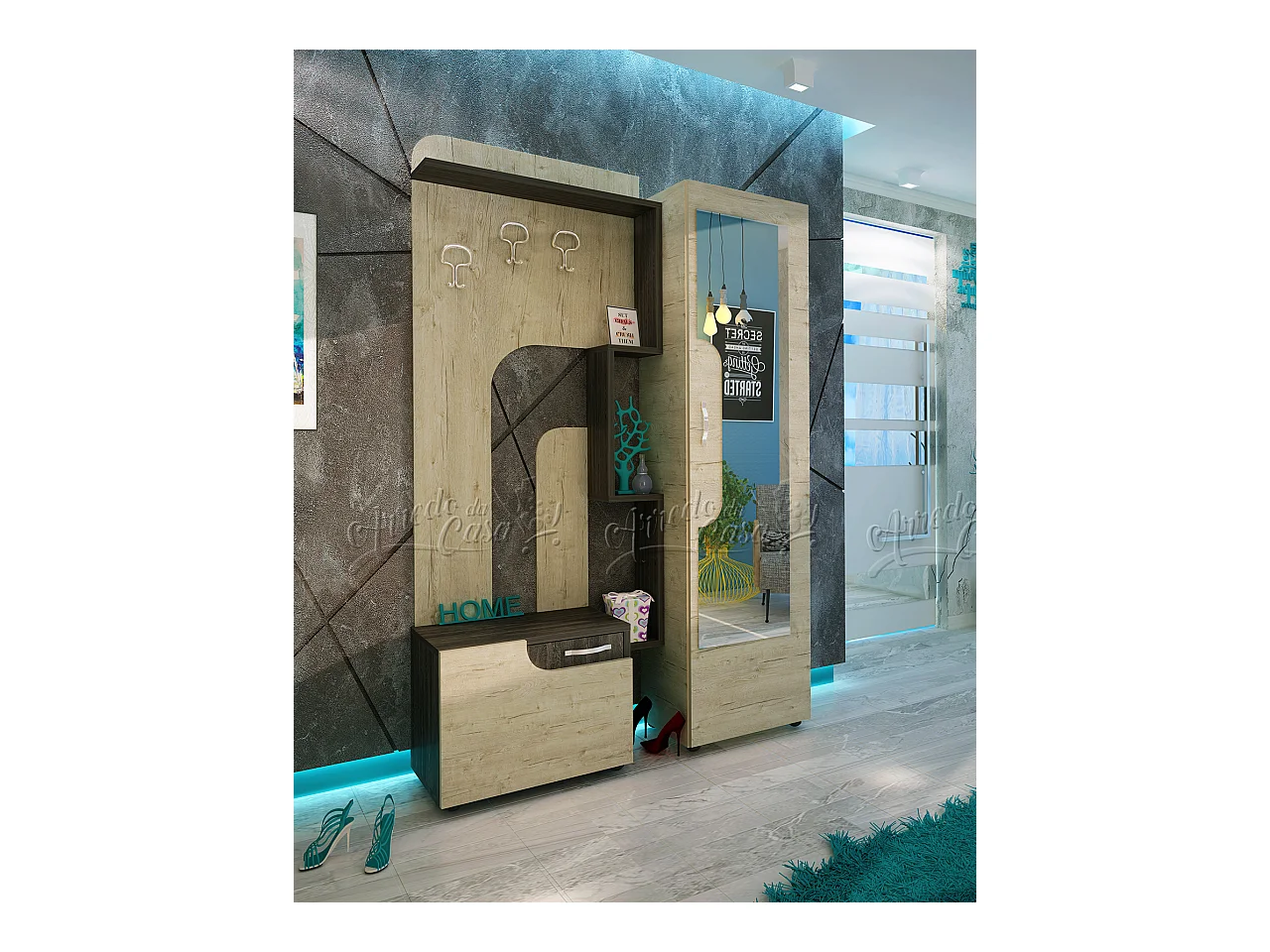 Mobile scarpiera da ingresso con specchio 121x192 rovere scuro e grigio IU25