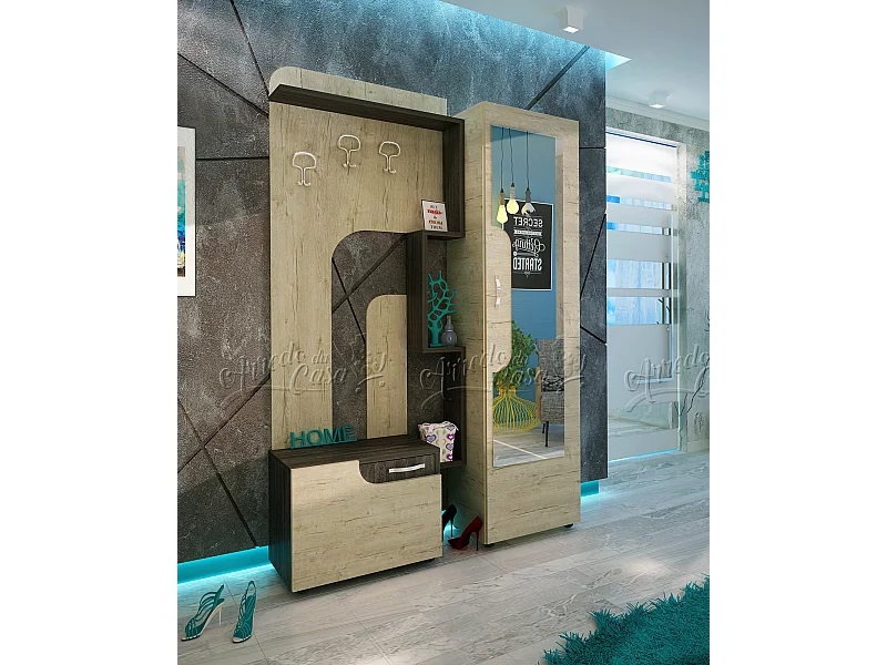 Mobile scarpiera da ingresso con specchio 121x192 rovere scuro e grigio IU25