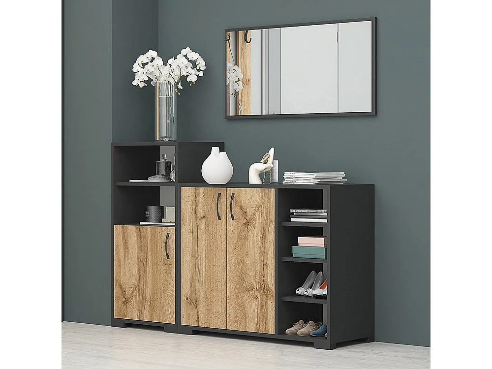 Set di mobili per ingresso con specchio in rovere e grigio IG23