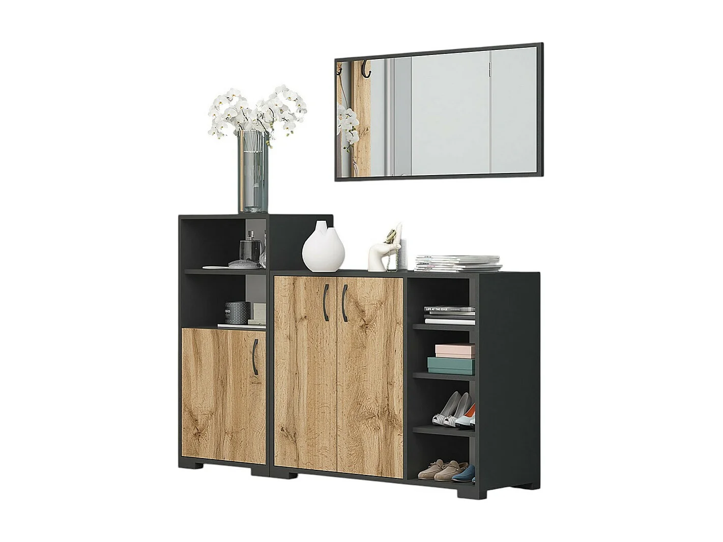 Set di mobili per ingresso con specchio in rovere e grigio IG23