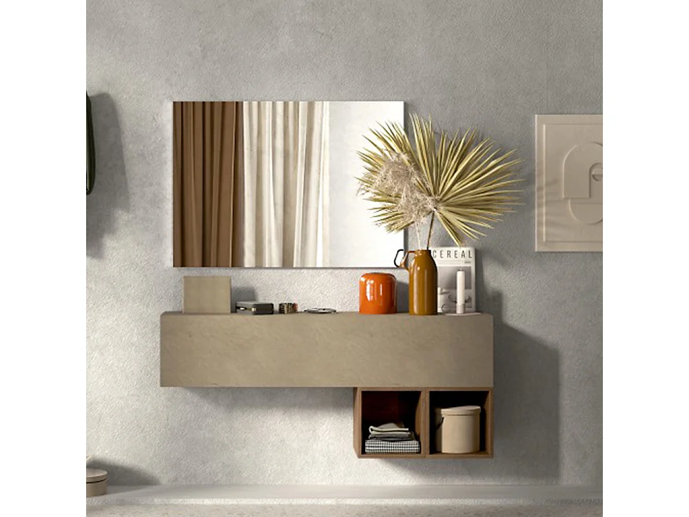 Mobile ingresso sospeso con cubi a giorno 138x58 cm argilla e noce IL1