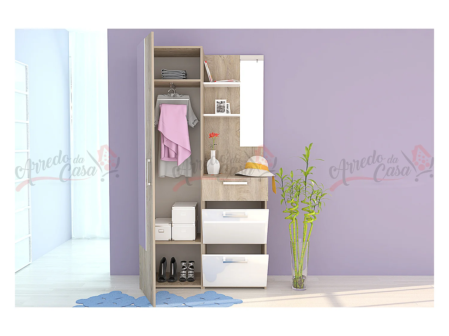 Mobile da ingresso moderno rovere sbiancato/bianco lucido IG18