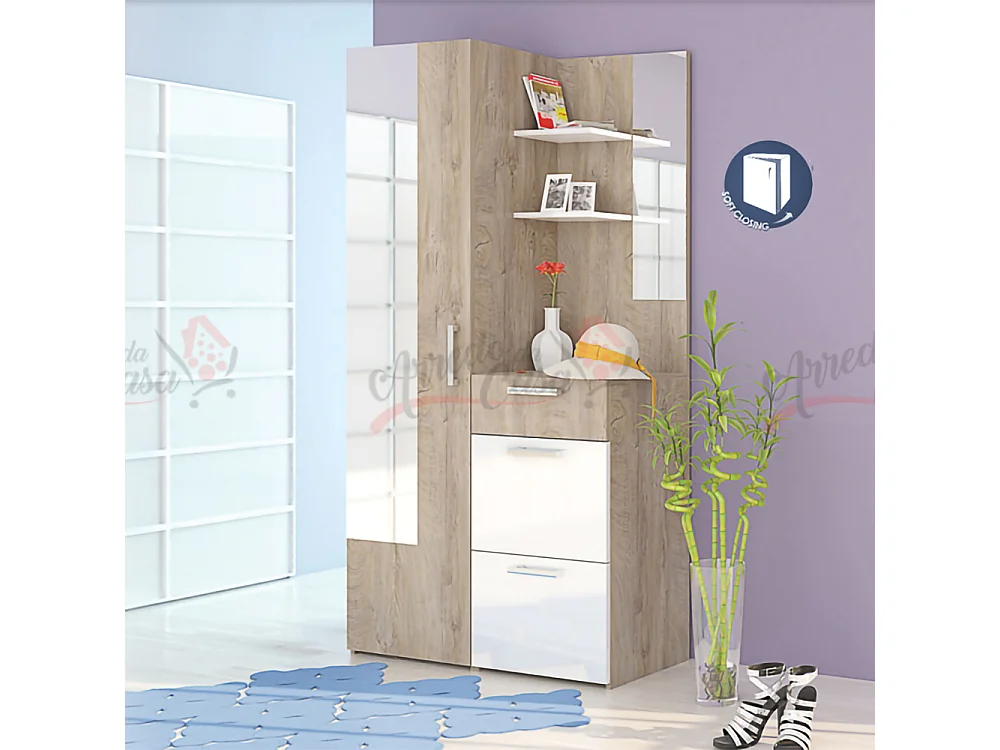 Mobile da ingresso moderno rovere sbiancato/bianco lucido IG18