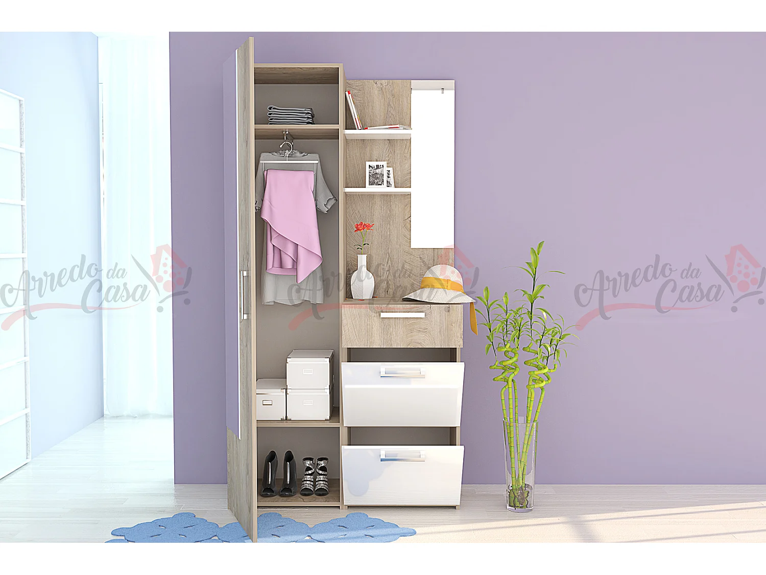 Mobile da ingresso moderno rovere sbiancato/bianco lucido IG18