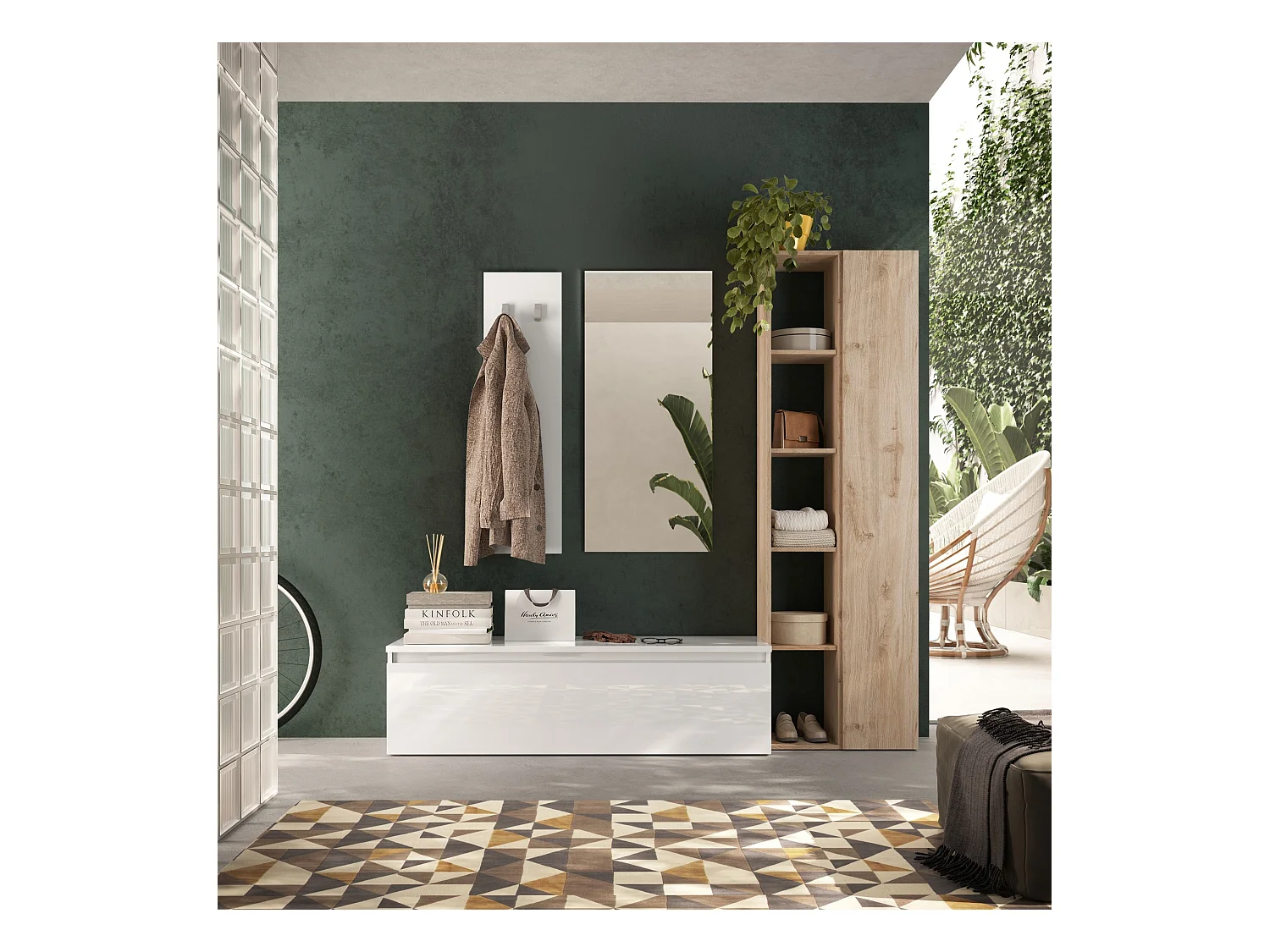 Mobile per ingresso con colonna 194x186 cm bianco lucido e rovere IL14