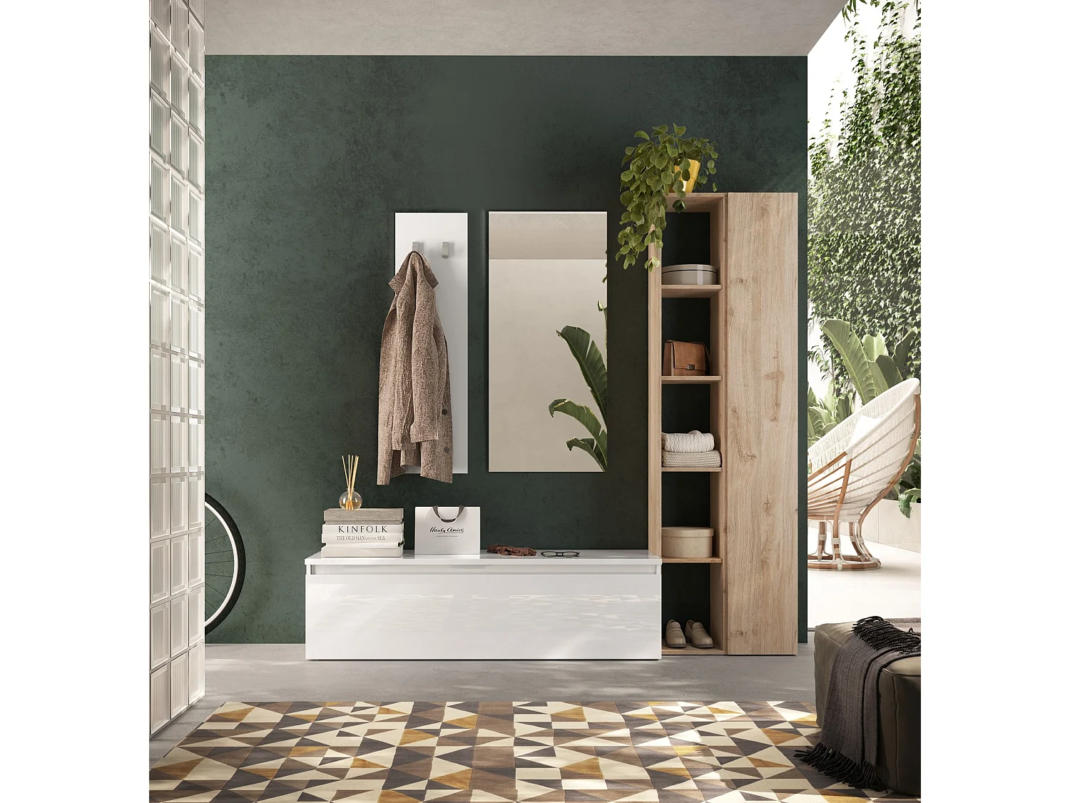 Mobile per ingresso con colonna 194x186 cm bianco lucido e rovere IL14