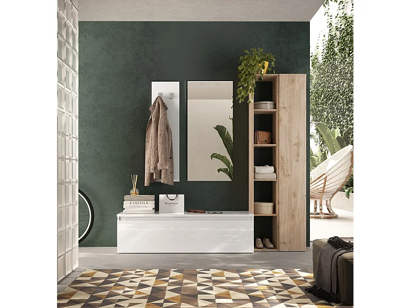 Mobile per ingresso con colonna 194x186 cm bianco lucido e rovere IL14