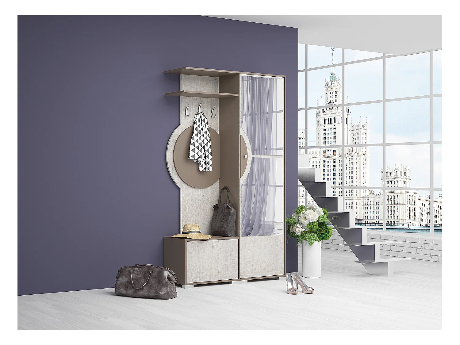 Mobile armadio da ingresso con specchio 115x187 cappuccino e lino IG1