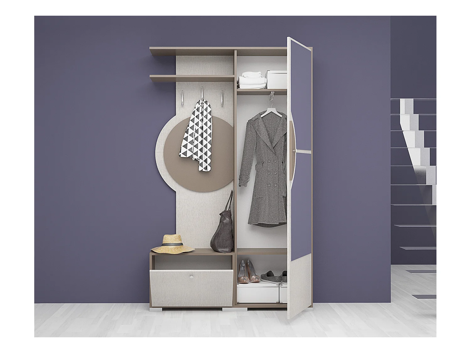 Mobile armadio da ingresso con specchio 115x187 cappuccino e lino IG1