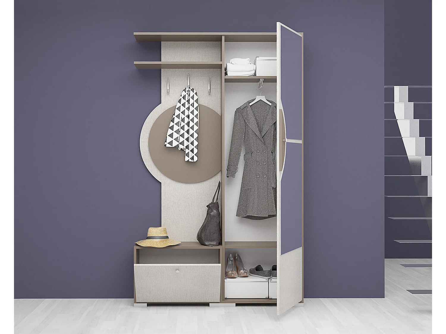 Mobile armadio da ingresso con specchio 115x187 cappuccino e lino IG1