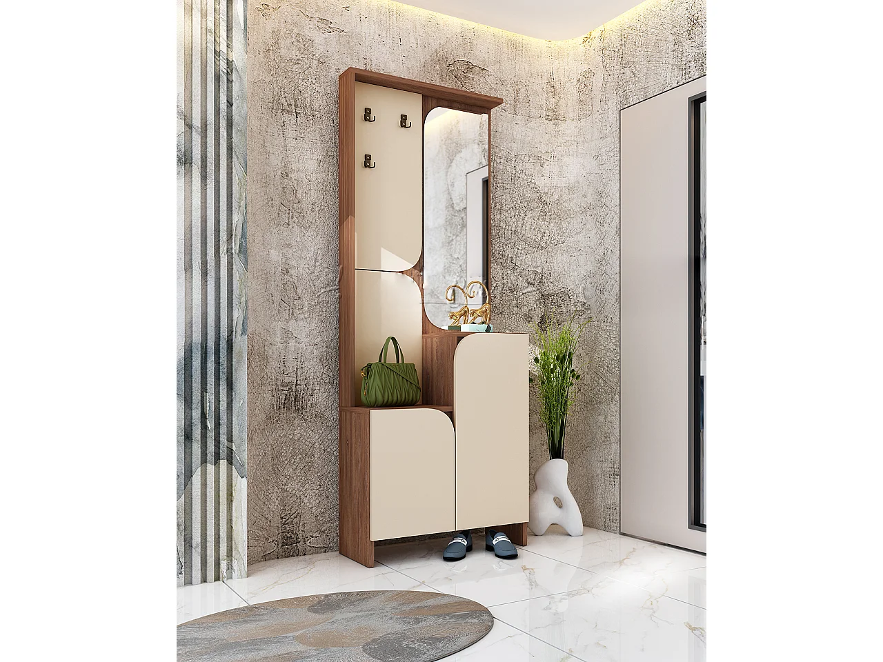 Mobile ingresso moderno con ante soft-close 70x195 cm beige e noce IU31