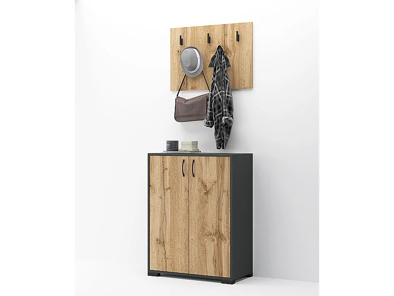 Scarpiera per ingresso con piccolo appendiabiti in rovere e grigio antracite IG24