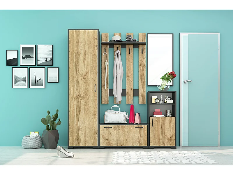 Set mobile ingresso con appendiabiti e specchio in rovere e grigio IG21