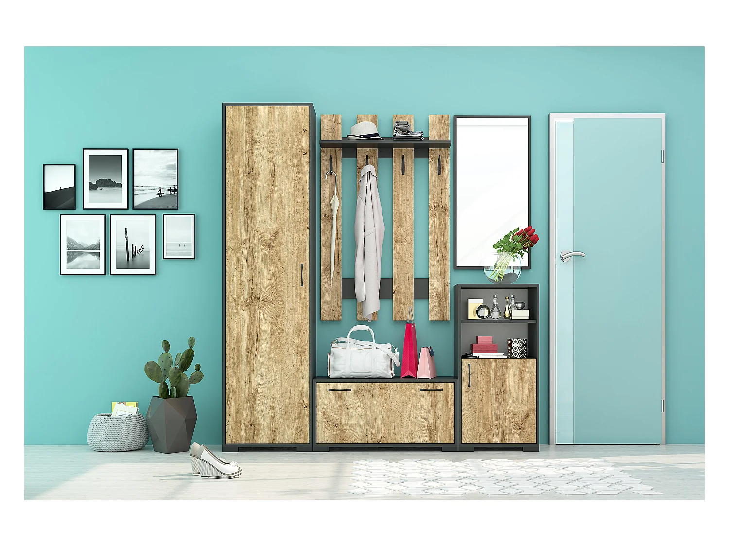 Set mobile ingresso con appendiabiti e specchio in rovere e grigio IG21