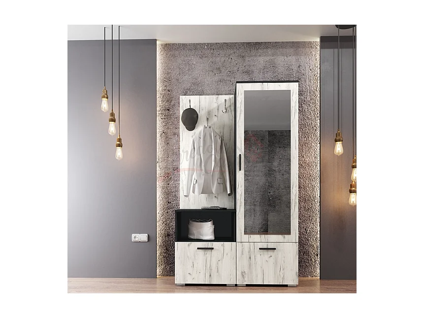 Mobile ingresso effetto legno con specchio114x190 nero e legno bianco II6