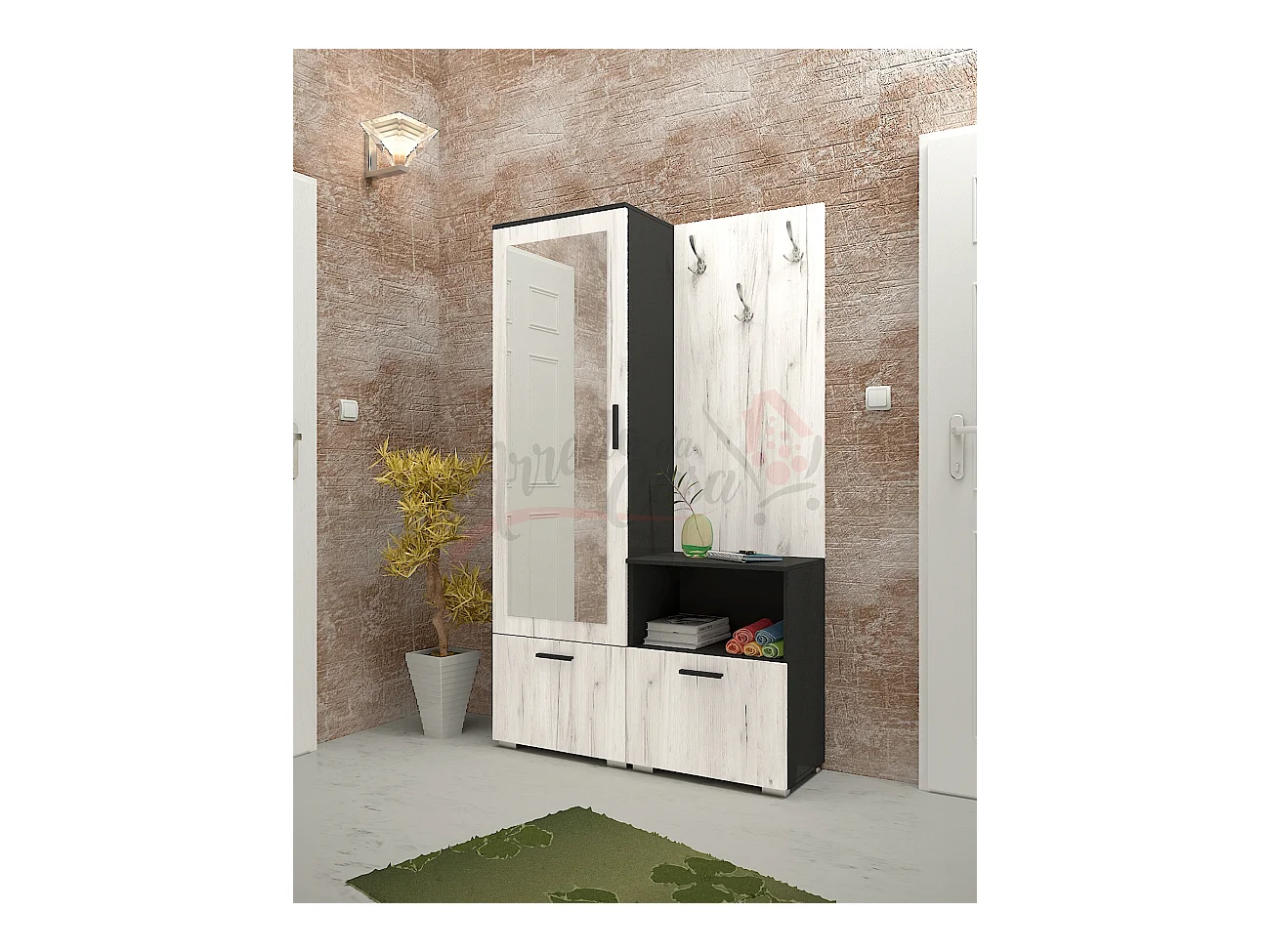 Mobile ingresso effetto legno con specchio114x190 nero e legno bianco II6