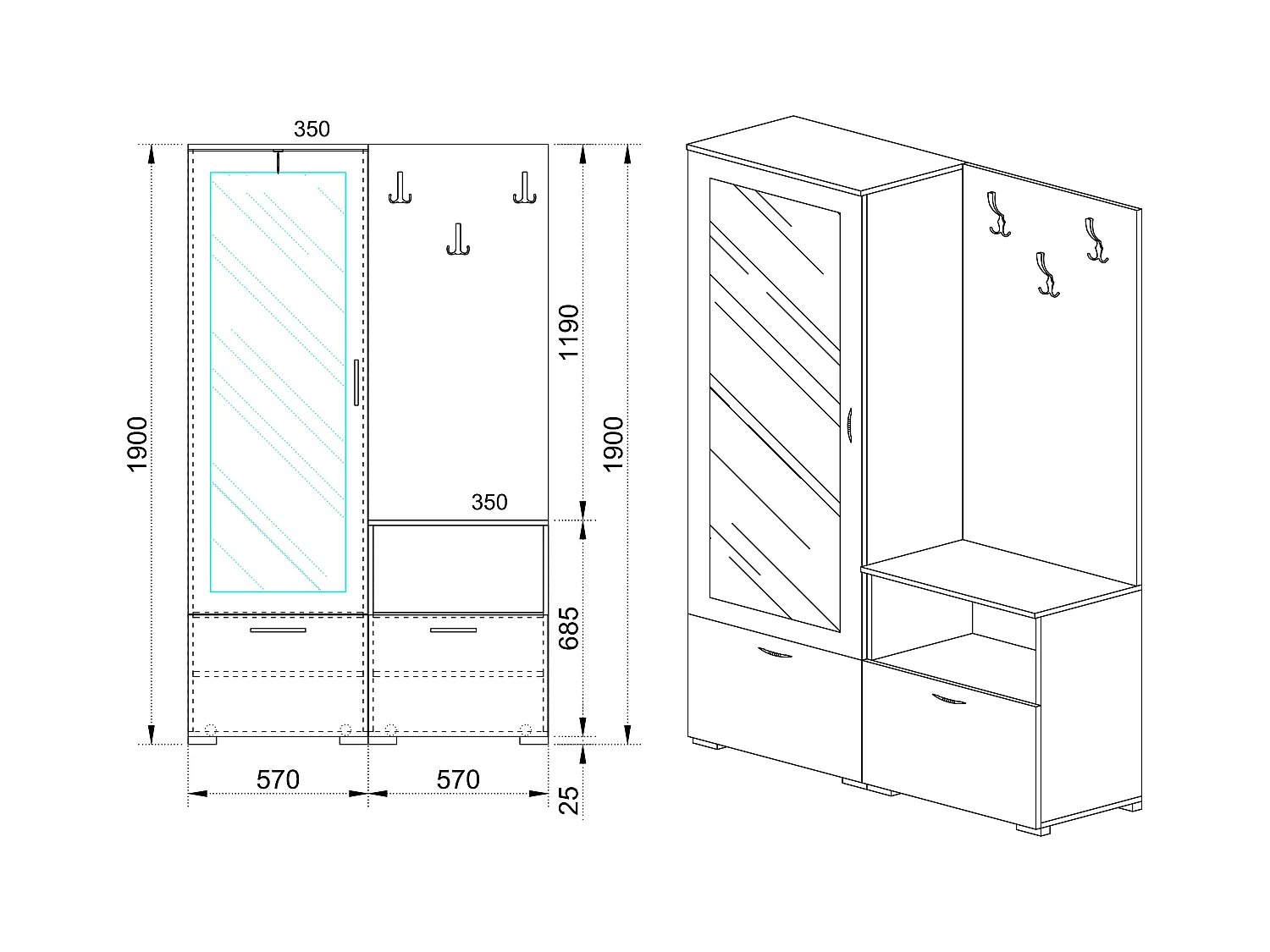 Mobile ingresso effetto legno con specchio114x190 nero e legno bianco II6