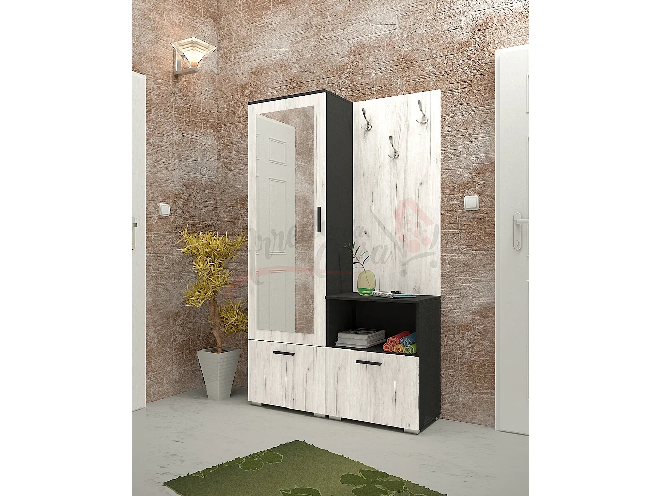 Mobile ingresso effetto legno con specchio114x190 nero e legno bianco II6