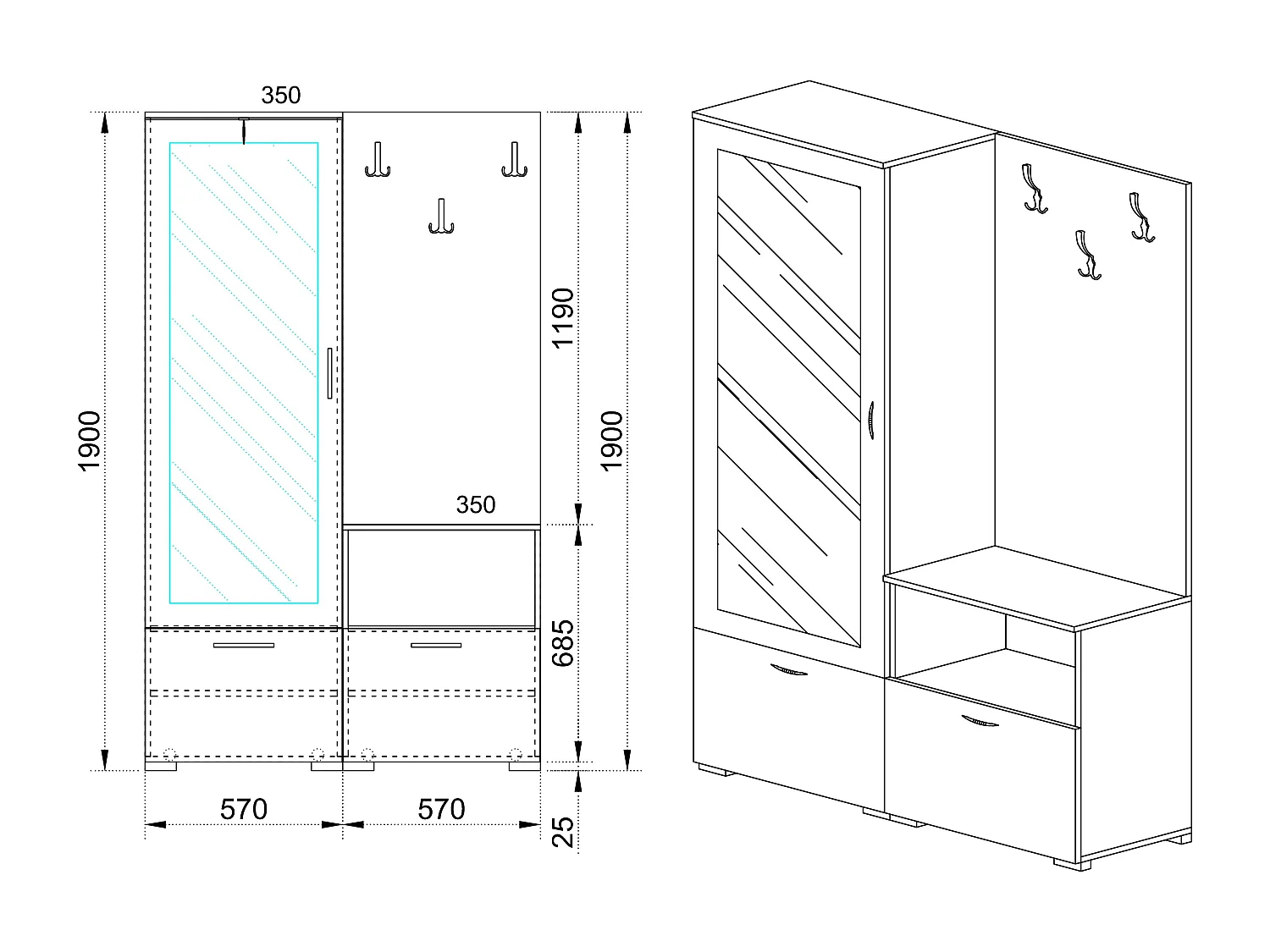 Mobile ingresso effetto legno con specchio114x190 nero e legno bianco II6