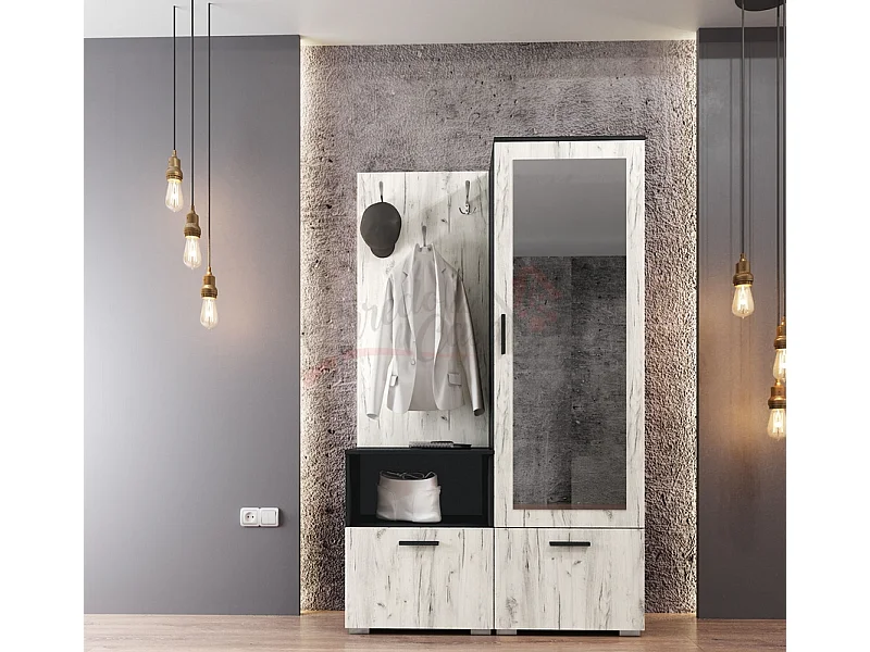 Mobile ingresso effetto legno con specchio114x190 nero e legno bianco II6