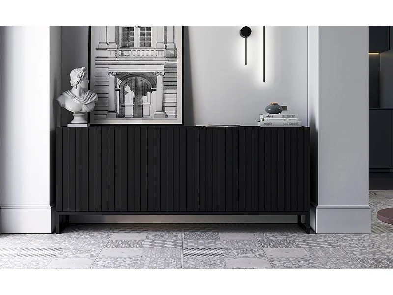 Commode avec 3 portes - Corps Noir mat, façades rainurées Noir mat - 168 cm, Cadre en métal noir