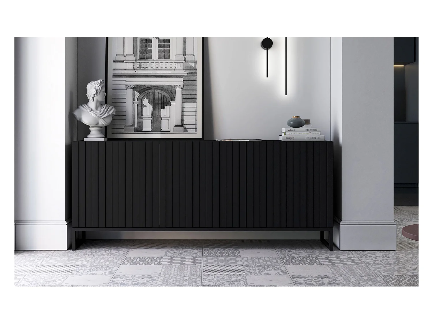 Commode avec 3 portes - Corps Noir mat, façades rainurées Noir mat - 168 cm, Cadre en métal noir