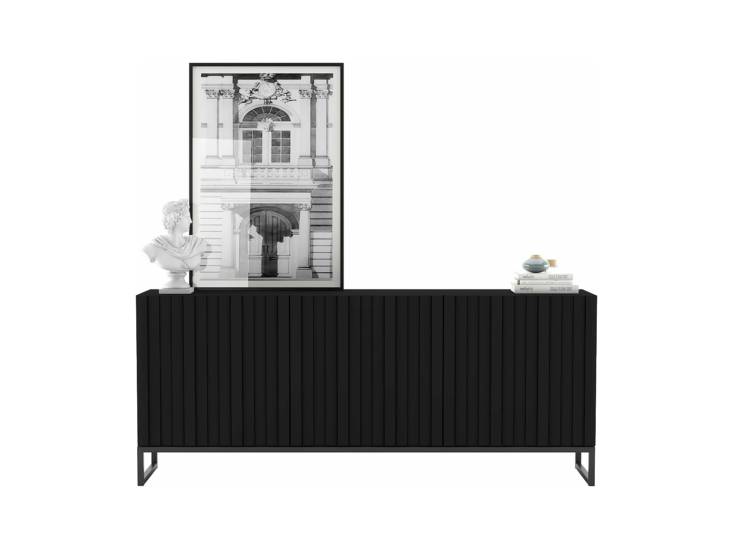 Commode avec 3 portes - Corps Noir mat, façades rainurées Noir mat - 168 cm, Cadre en métal noir