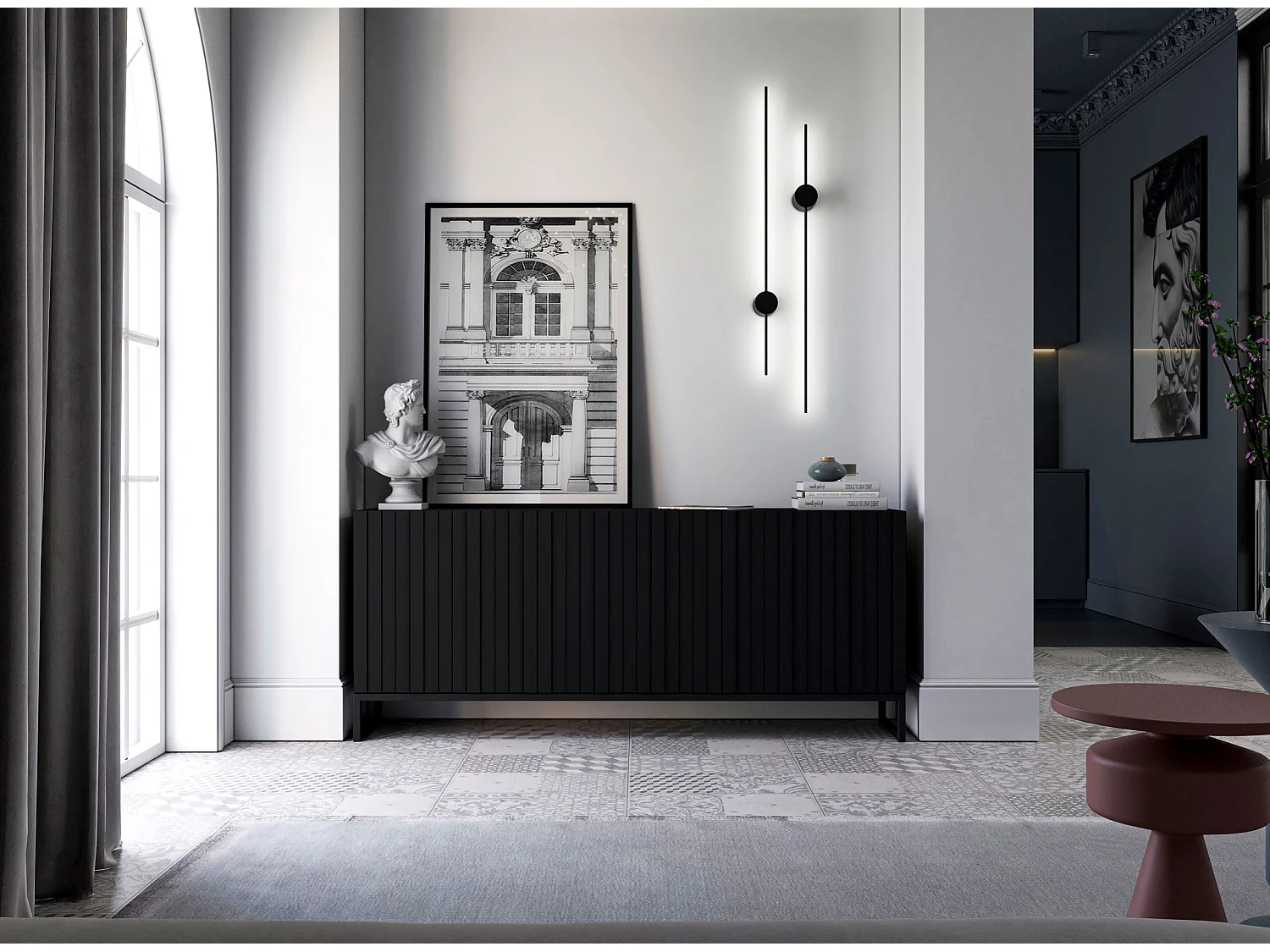 Commode avec 3 portes - Corps Noir mat, façades rainurées Noir mat - 168 cm, Cadre en métal noir