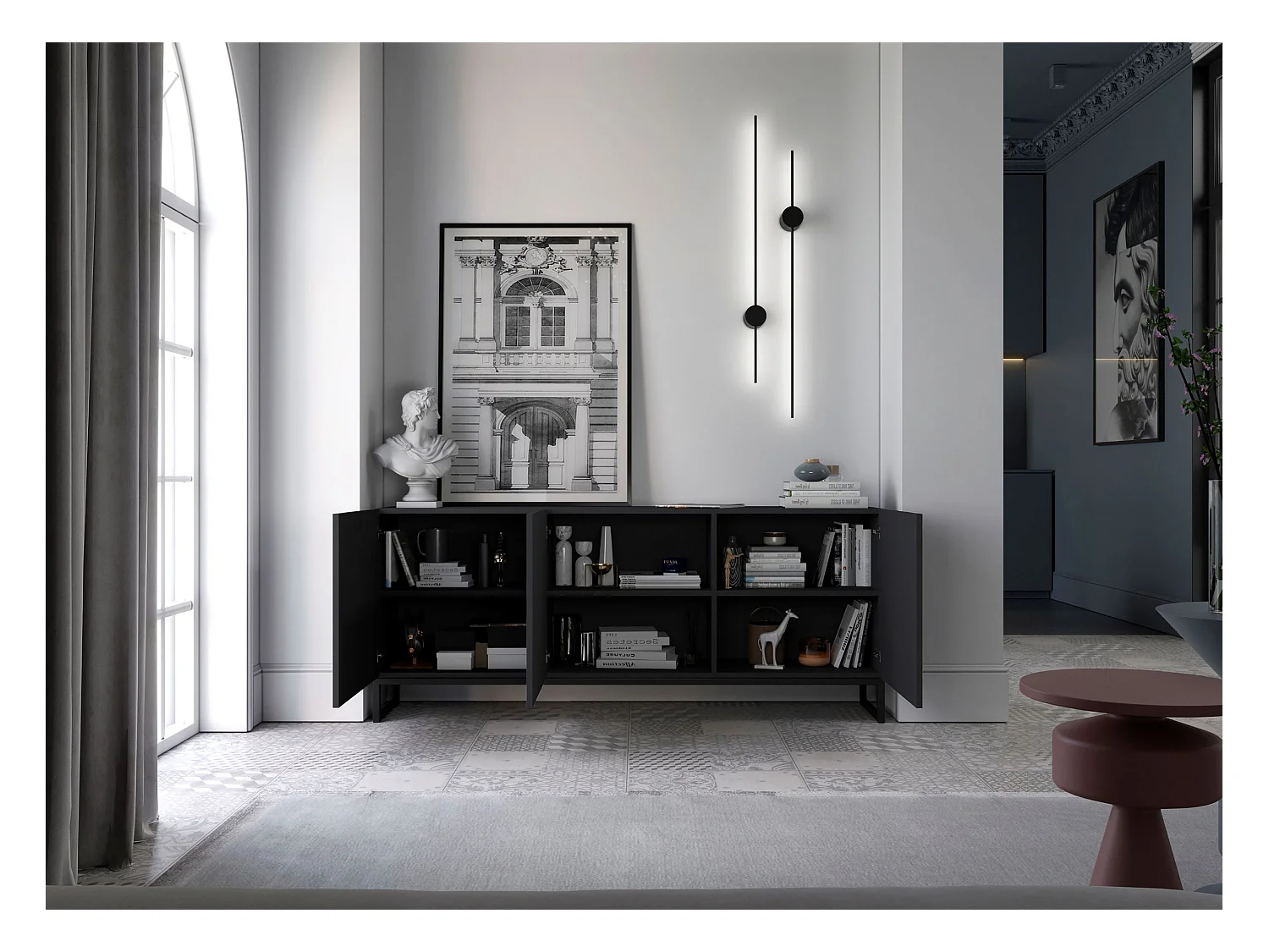 Commode avec 3 portes - Corps Noir mat, façades rainurées Noir mat - 168 cm, Cadre en métal noir