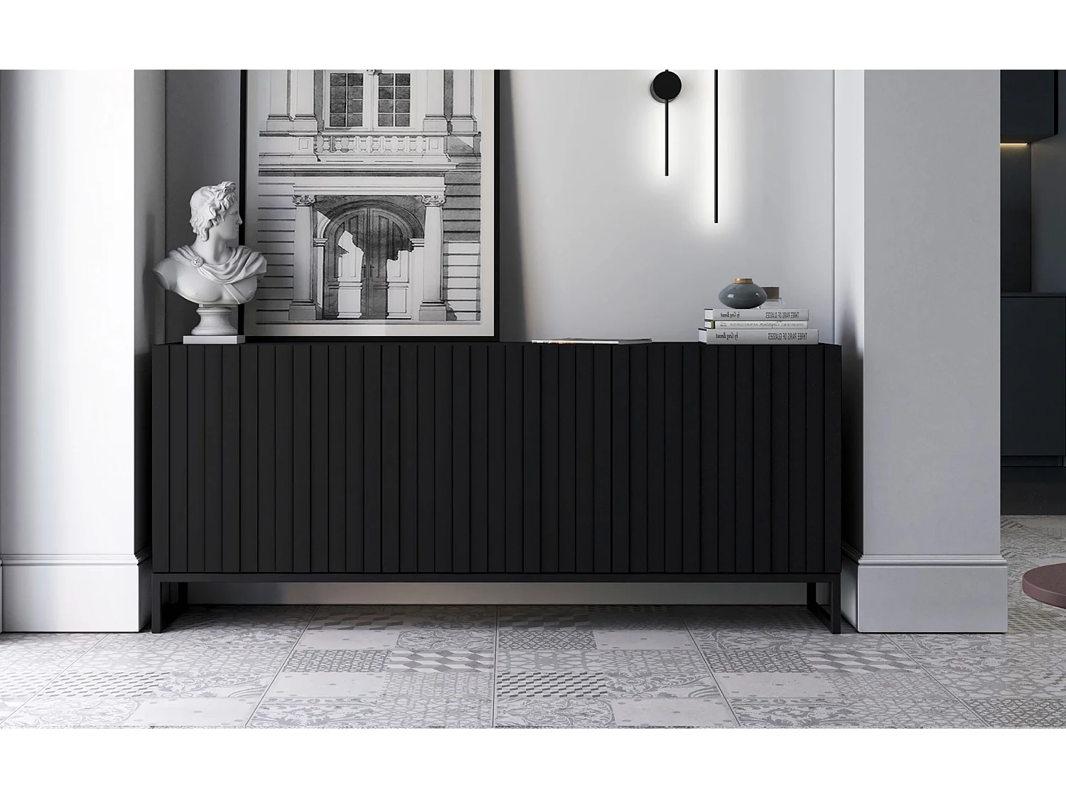 Commode avec 3 portes - Corps Noir mat, façades rainurées Noir mat - 168 cm, Cadre en métal noir