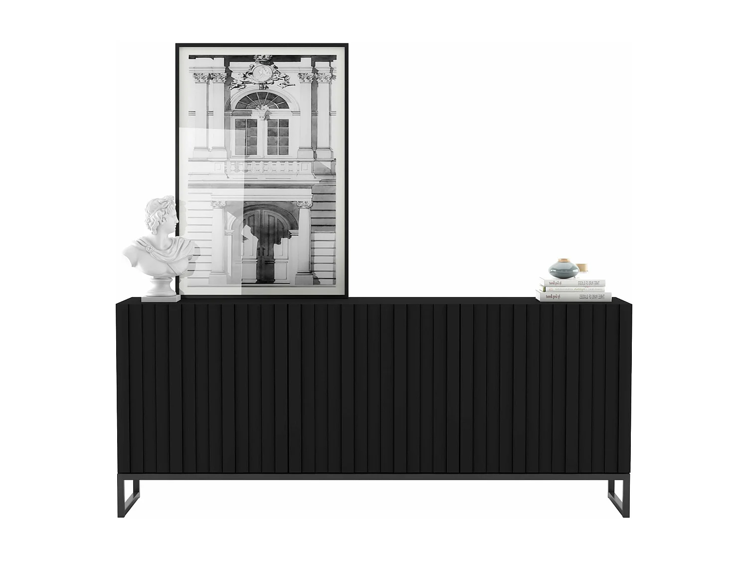Commode avec 3 portes - Corps Noir mat, façades rainurées Noir mat - 168 cm, Cadre en métal noir