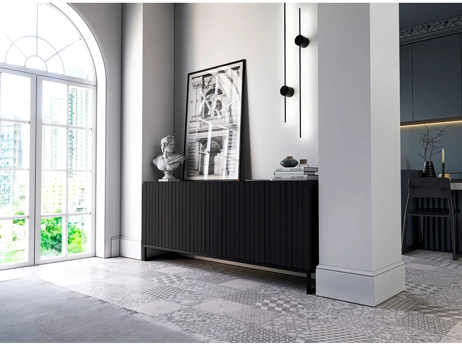 Commode avec 3 portes - Corps Noir mat, façades rainurées Noir mat - 168 cm, Cadre en métal noir