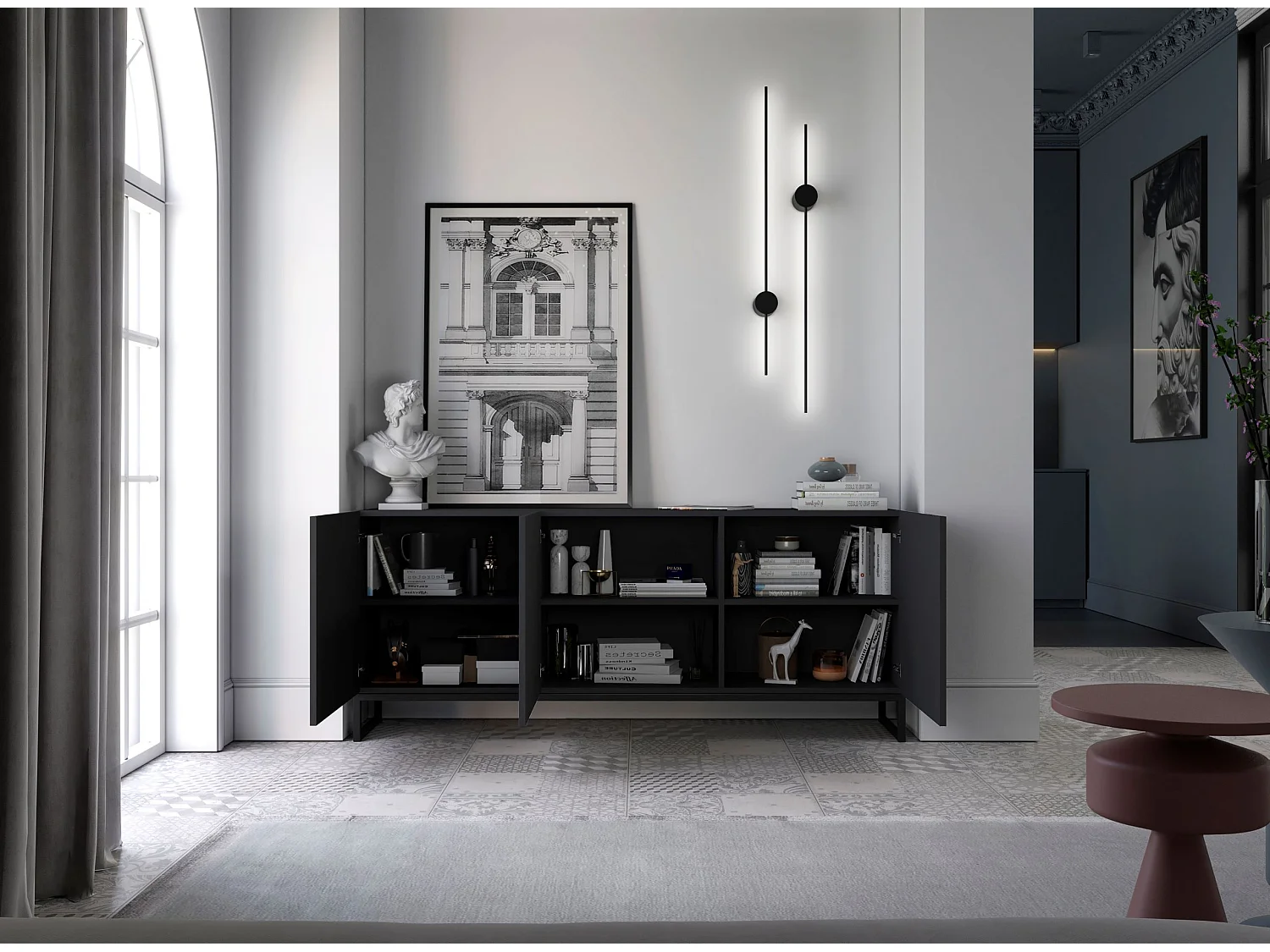 Commode avec 3 portes - Corps Noir mat, façades rainurées Noir mat - 168 cm, Cadre en métal noir