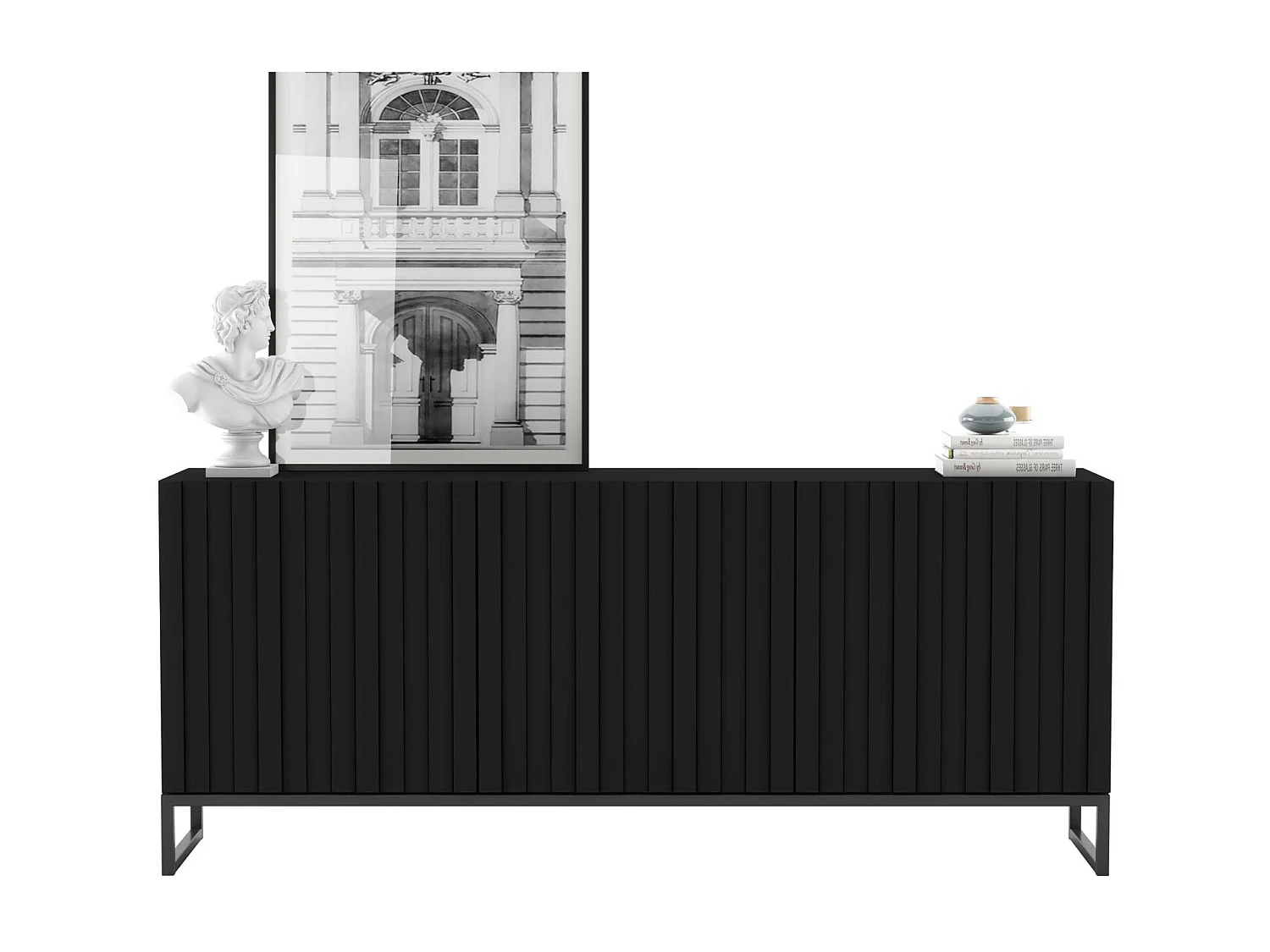 Commode avec 3 portes - Corps Noir mat, façades rainurées Noir mat - 168 cm, Cadre en métal noir