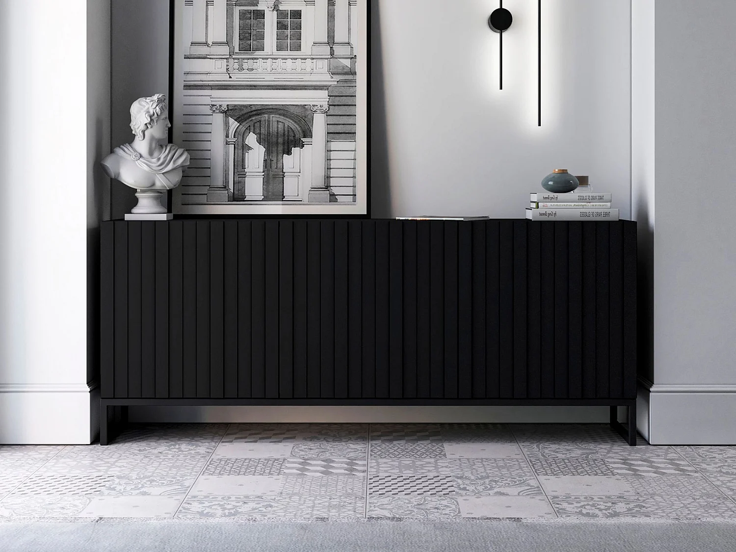 Commode avec 3 portes - Corps Noir mat, façades rainurées Noir mat - 168 cm, Cadre en métal noir